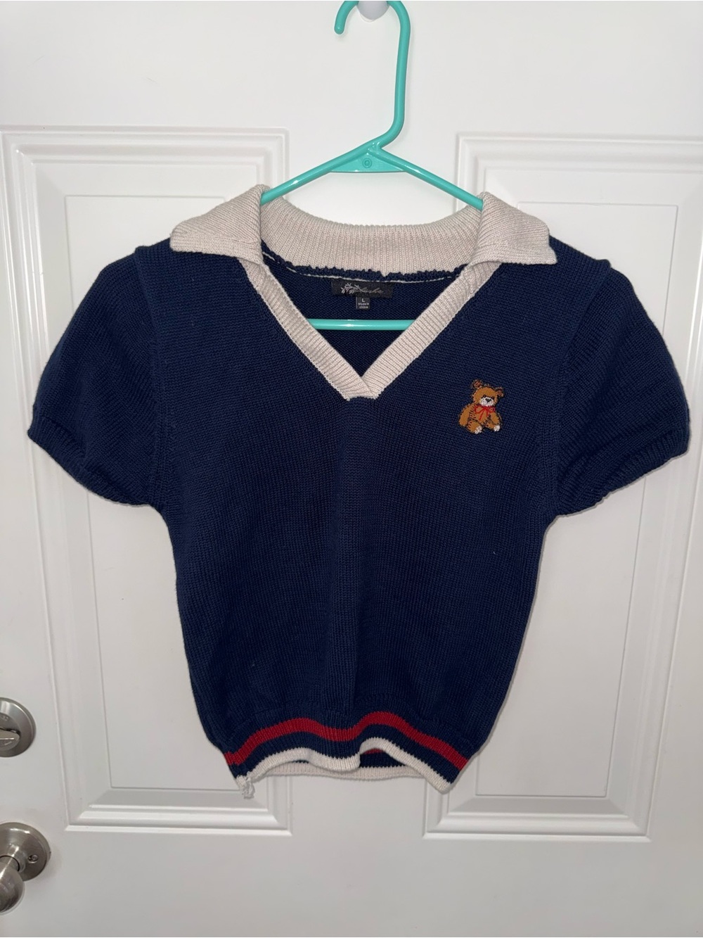 Navy Polo like-Knit Kids Top with Teddy Patch